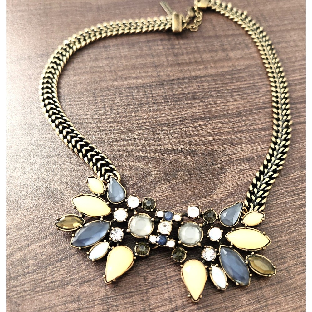 Mythologie Antique Brass Bib Statement Necklace Navy Cream Grey Stones Crystal